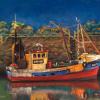Boat in harbour reflected on the water