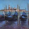 Gondolas moored and covered at night