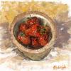 Wooden bowl of strawberries painted in oils